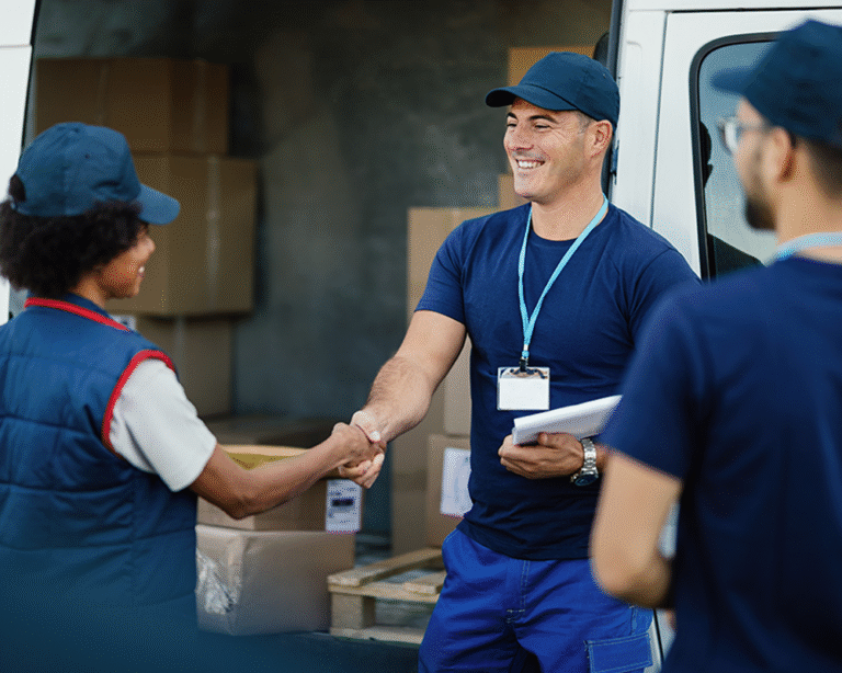 A smiling mover shakes hands with a client outside a moving van, surrounded by packed boxes, conveying a sense of professionalism and trust.