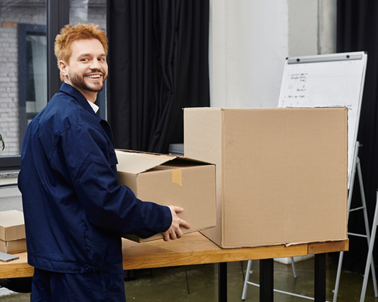 A smiling man in a blue work uniform is lifting a cardboard box while standing next to a table in a bright, organized room. A whiteboard is visible in the background, suggesting a workspace environment.