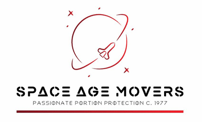 Logo featuring a stylized rocket and planet, with the text "SPACE AGE MOVERS" and the tagline "PASSIONATE PORTION PROTECTION C. 1977."