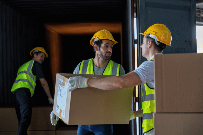 Three movers in safety vests and helmets are collaboratively loading boxes into a moving truck, demonstrating teamwork and professionalism in the moving process.