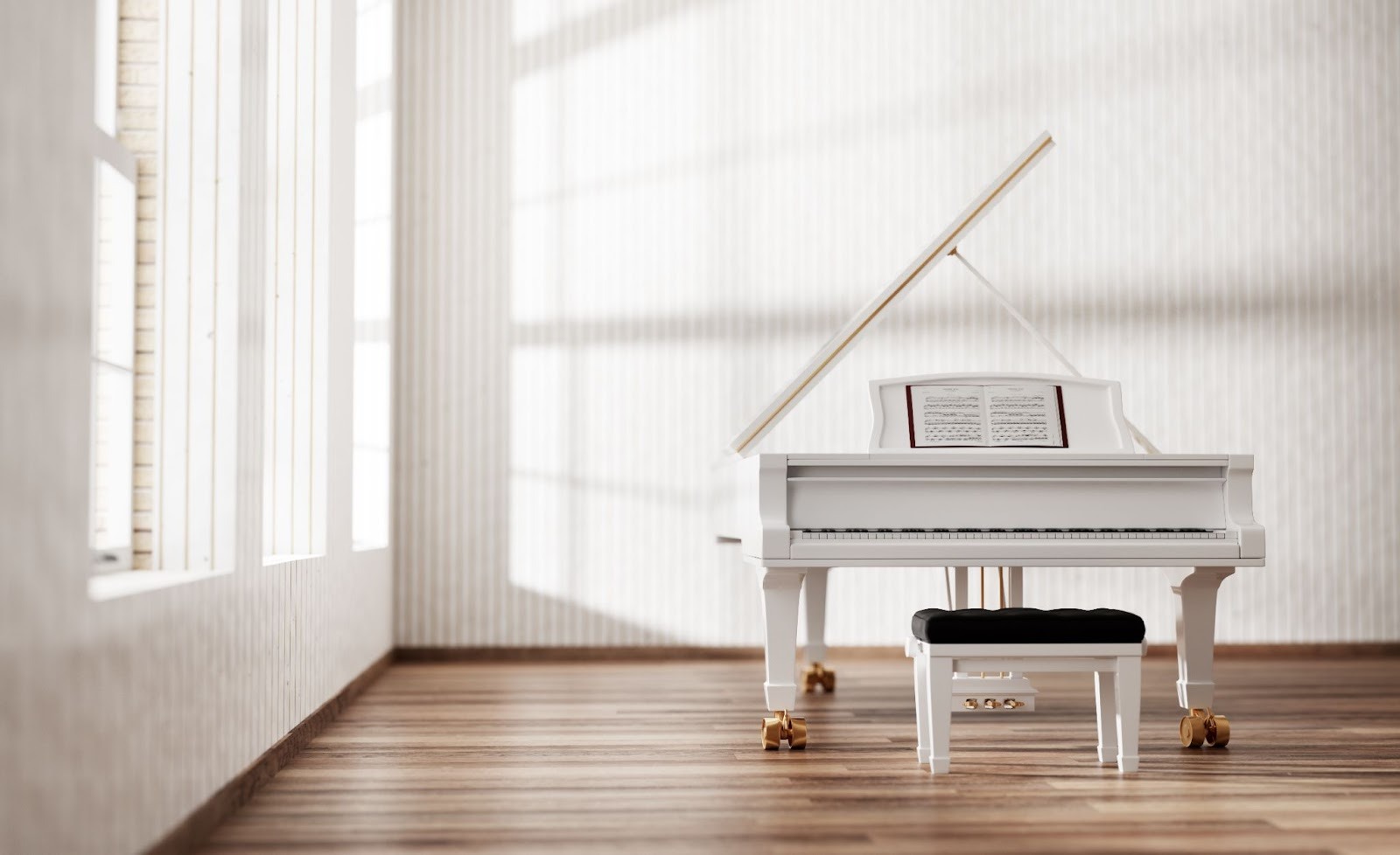 A white grand piano with an open sheet of music sits in a sunlit room with wooden floors and tall windows. The mood is serene and elegant.