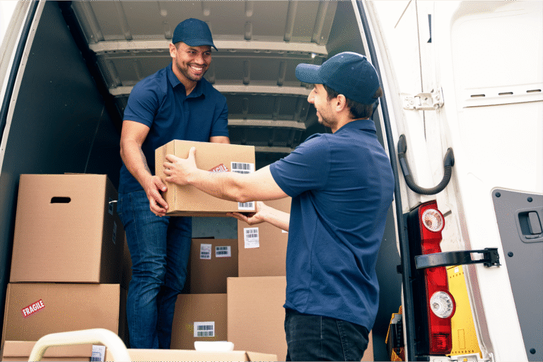 Two movers are loading boxes into a moving van, showcasing teamwork and efficiency in the moving process. The scene highlights their professionalism and readiness to assist with relocation.