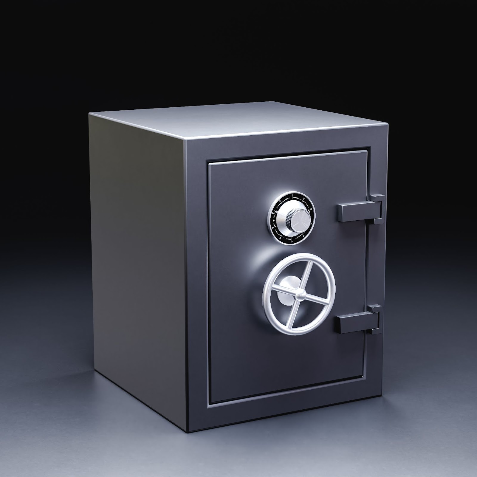 Large steel safe with secure locking system on dark gray surface